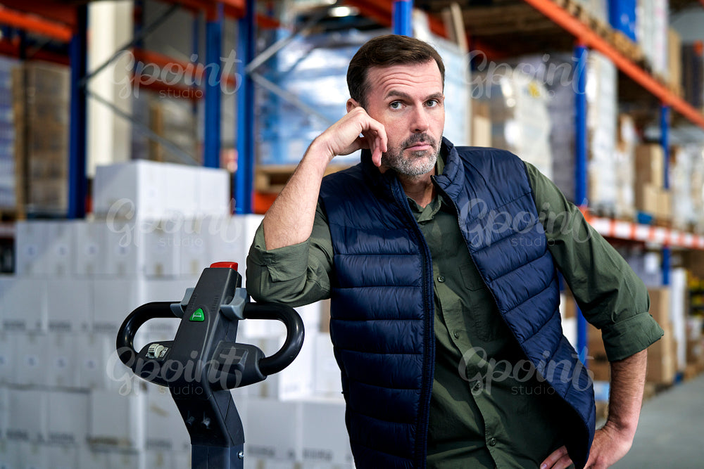 Portrait of caucasian man leaning on the forklift