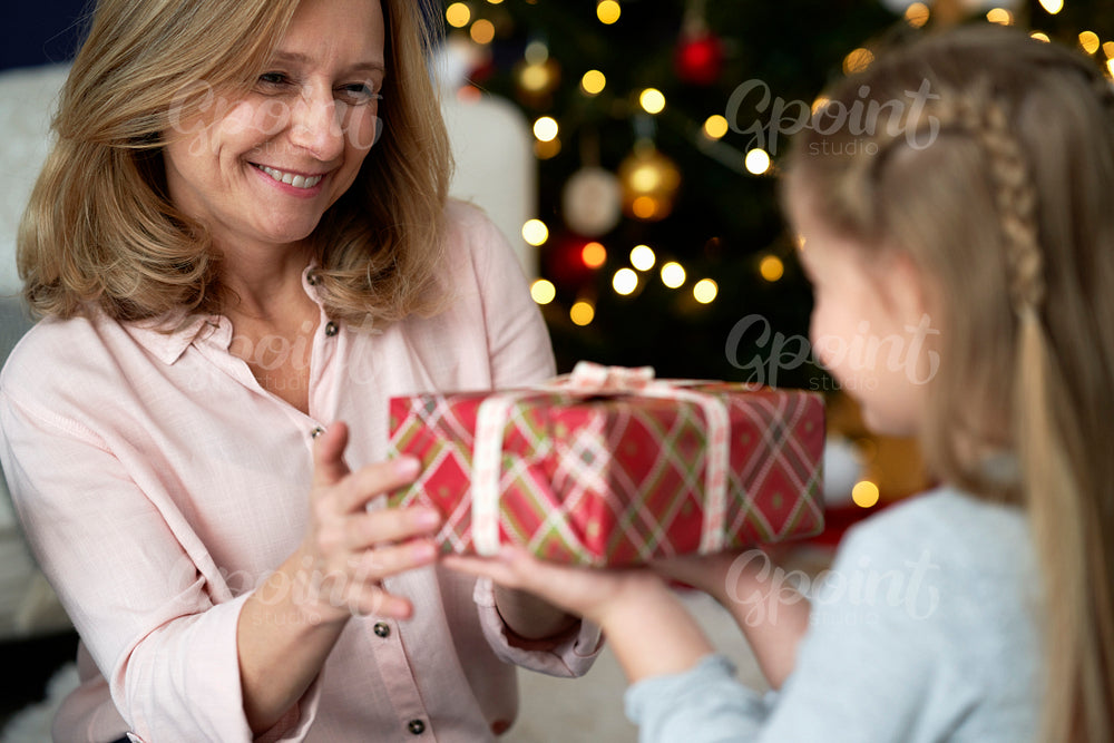 Close up of little girl giving a Christmas gift to her grandmother