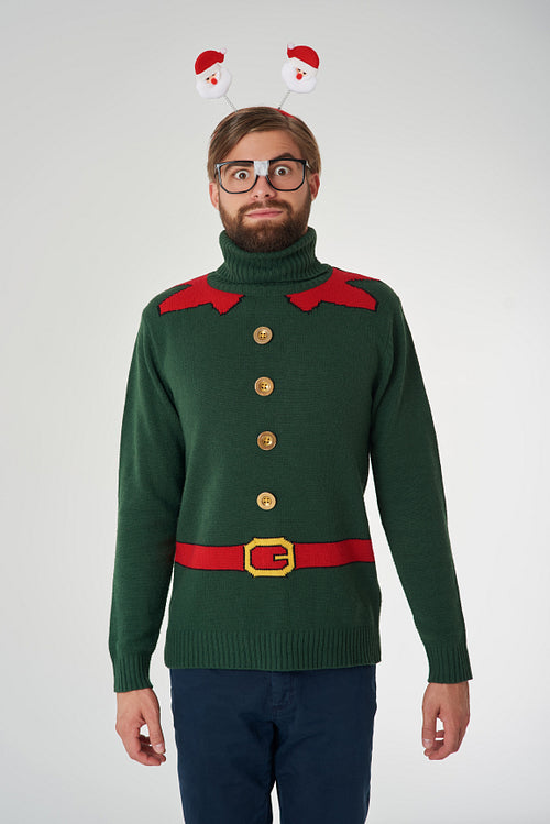 Cheerful man and Christmas cardigan